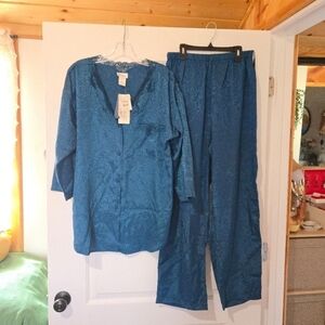 NWT Adonna Teal Floral Lace Trim Pajama Set, SIZE L